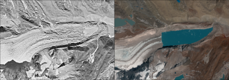 Significant retreat of a glacier and growth of its proglacial lake