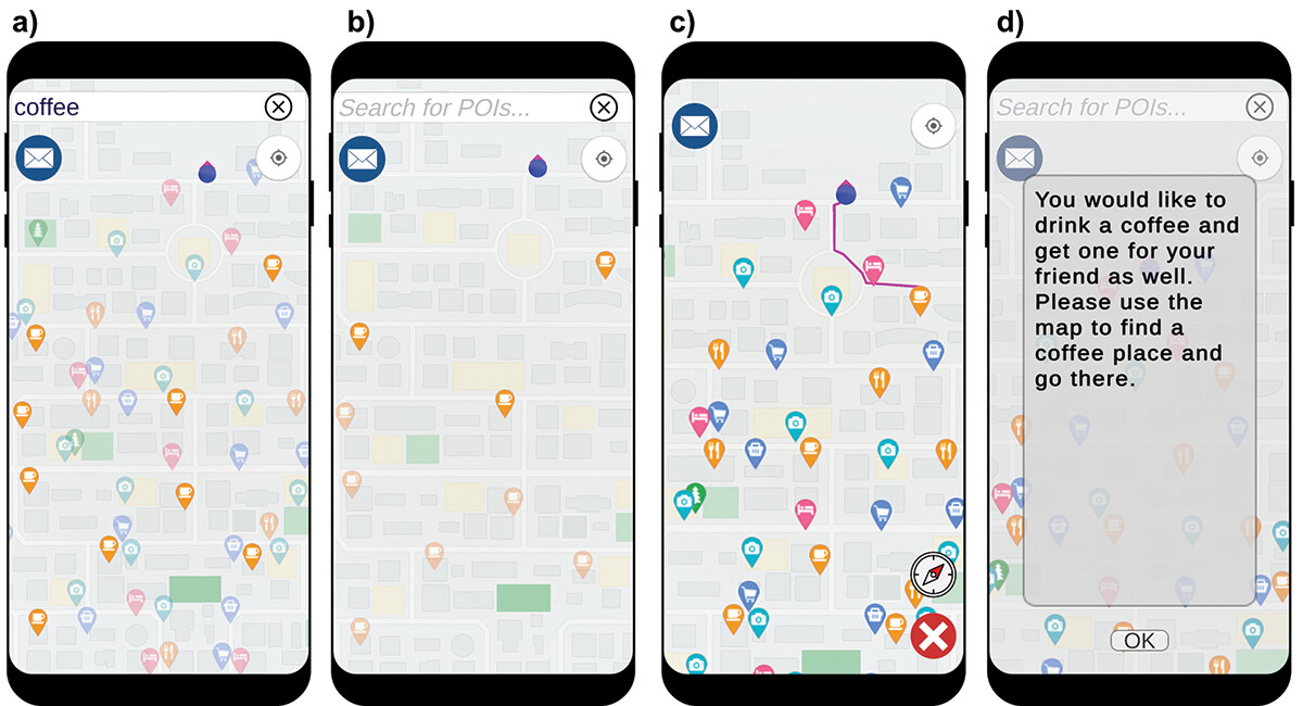 Mobile map functionalities showing: a) search results for a coffee shop on the non-adapted map; b) map view of the adapted map based on the task prompt to visit a coffee shop; c) navigation route to a coffee shop on the non-adapted map; and d) navigation task message.