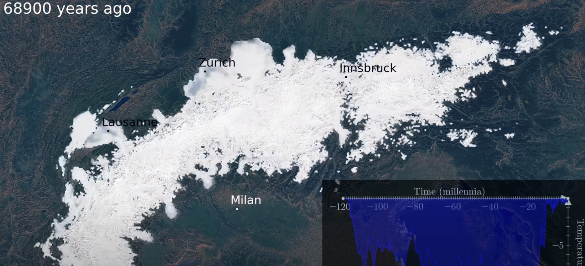 A simulation to visualize the evolution of Alpine ice cover over the last 120,000 years