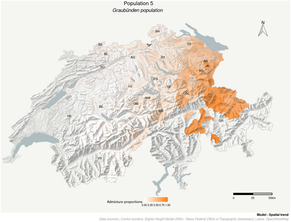 Map 6. Admixture proportions of Graubünden population