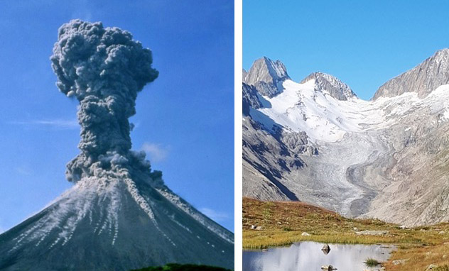 The eruption of Mount Pinatubo, Philippines, in 1991 (left) and Oberaargletscher, Switzerland, in 2020 (right). 