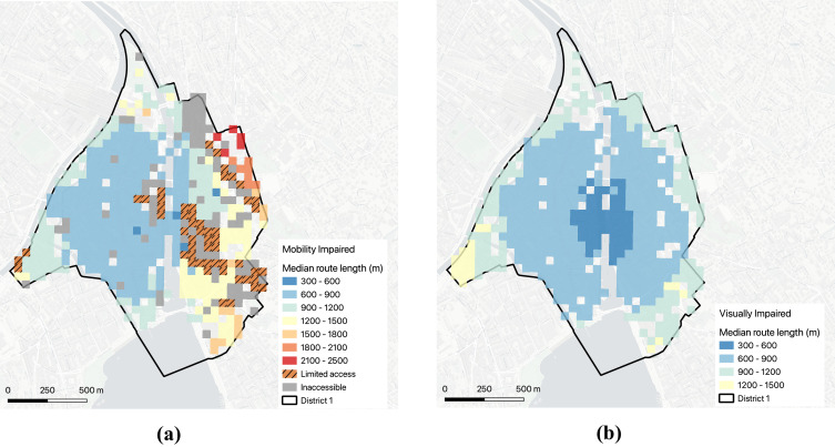 The image shows two maps showing the influence that microscale street elements have on accessibility patterns for the visually and mobility impaired population, revealing significant differences within the study area. 