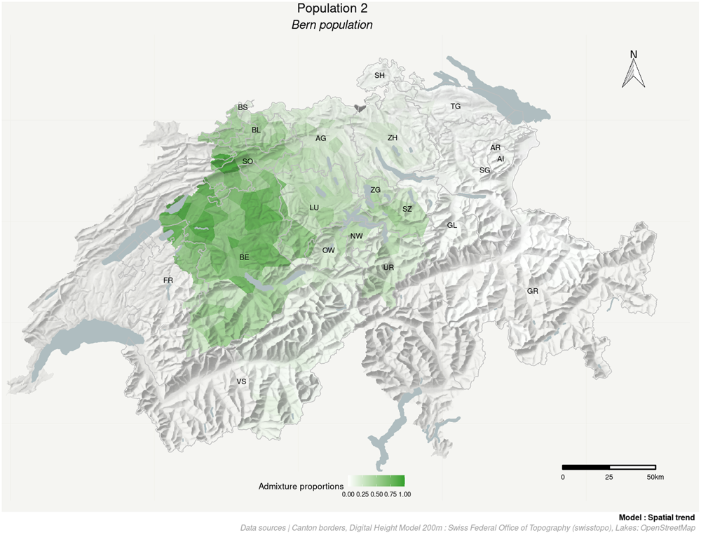 Map 3. Admixture proportions of Bern population